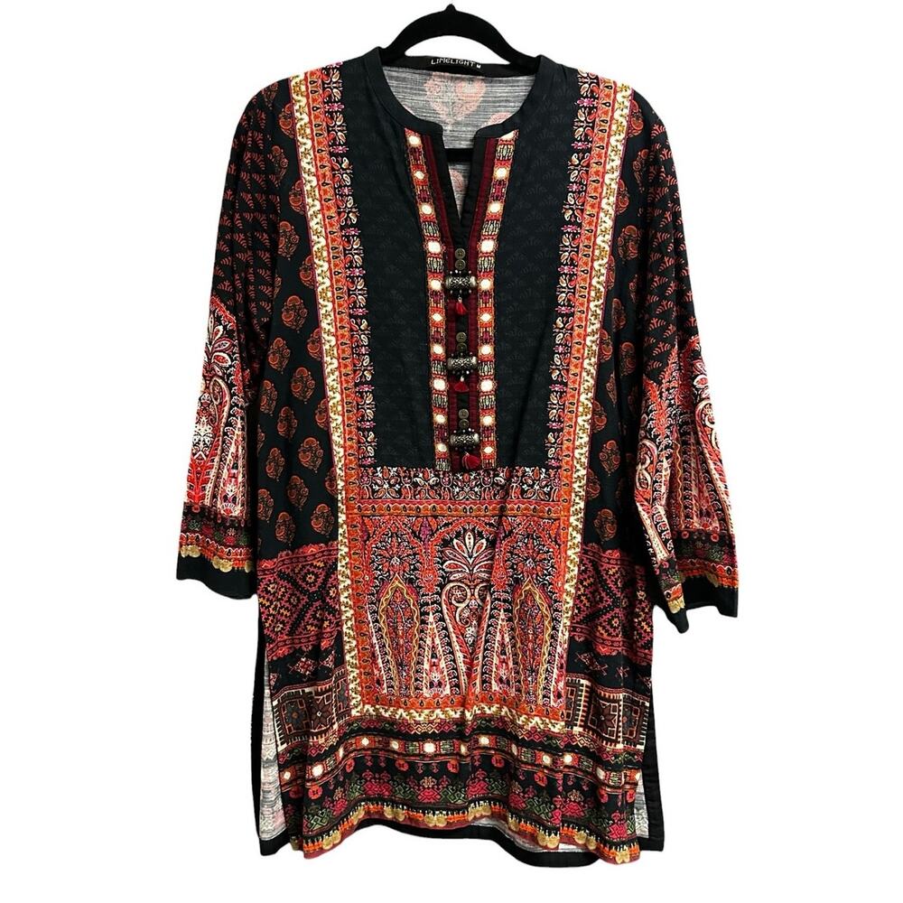 Limelight Black Multicolor Abstract Paisley Printed Kurta Tunic Top Medium Boho